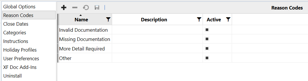 Reason Codes Settings Page